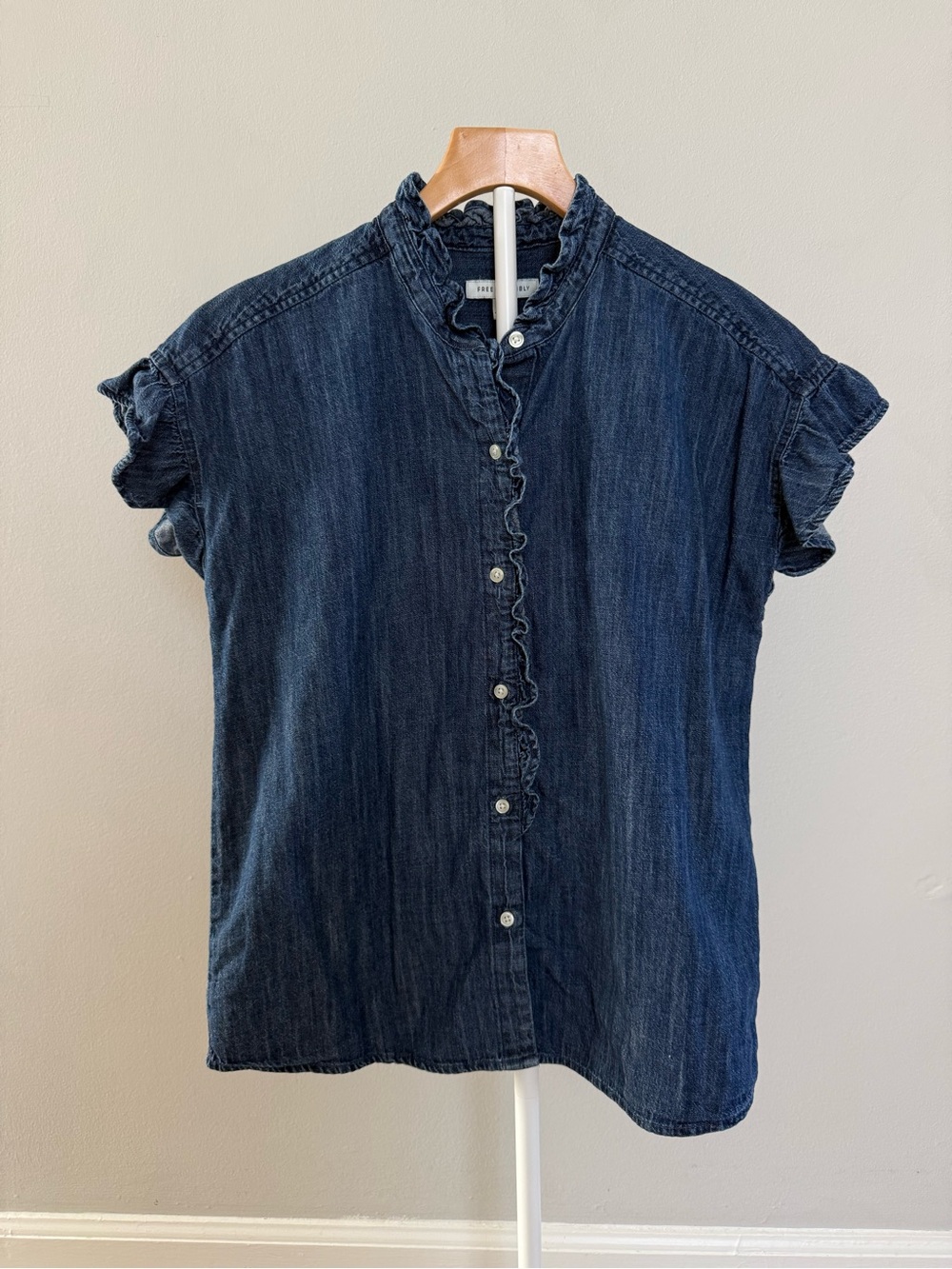 Ruffled Collar Dark Indigo Denim Button-Front Women's Top